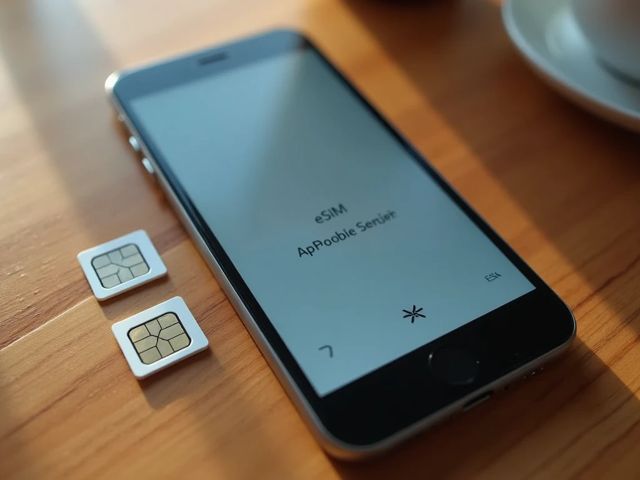 A close-up of a smartphone showing an eSIM interface, alongside a traditional SIM card on a wooden table, with soft natural lighting highlighting the technology